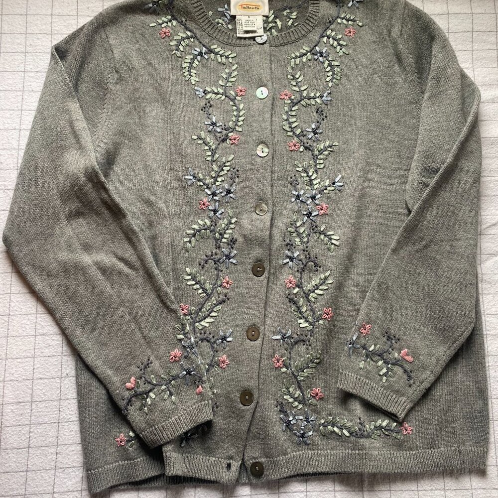 Talbot's Grey Cardigan with embroidery flowers size Small 100% Cotton
